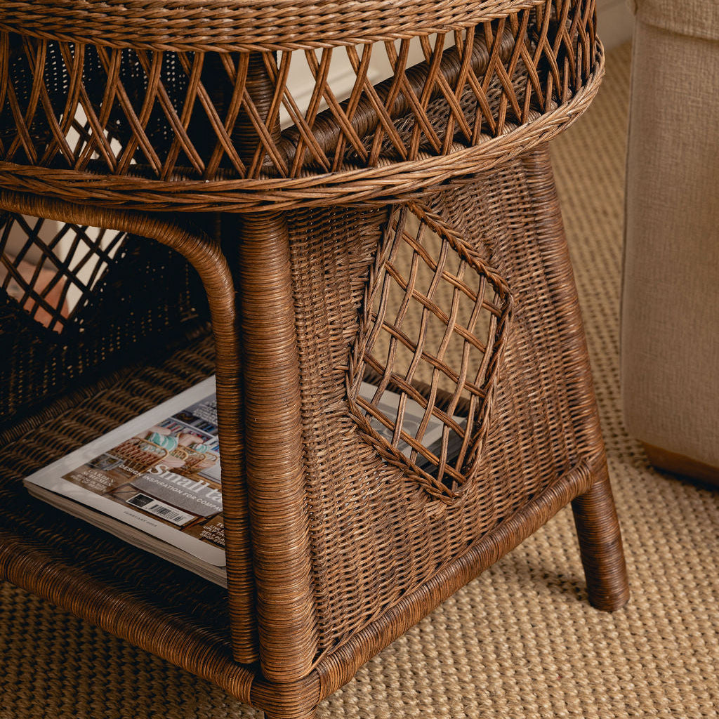 Cecily Rattan End Table, Teak lifestyle close up