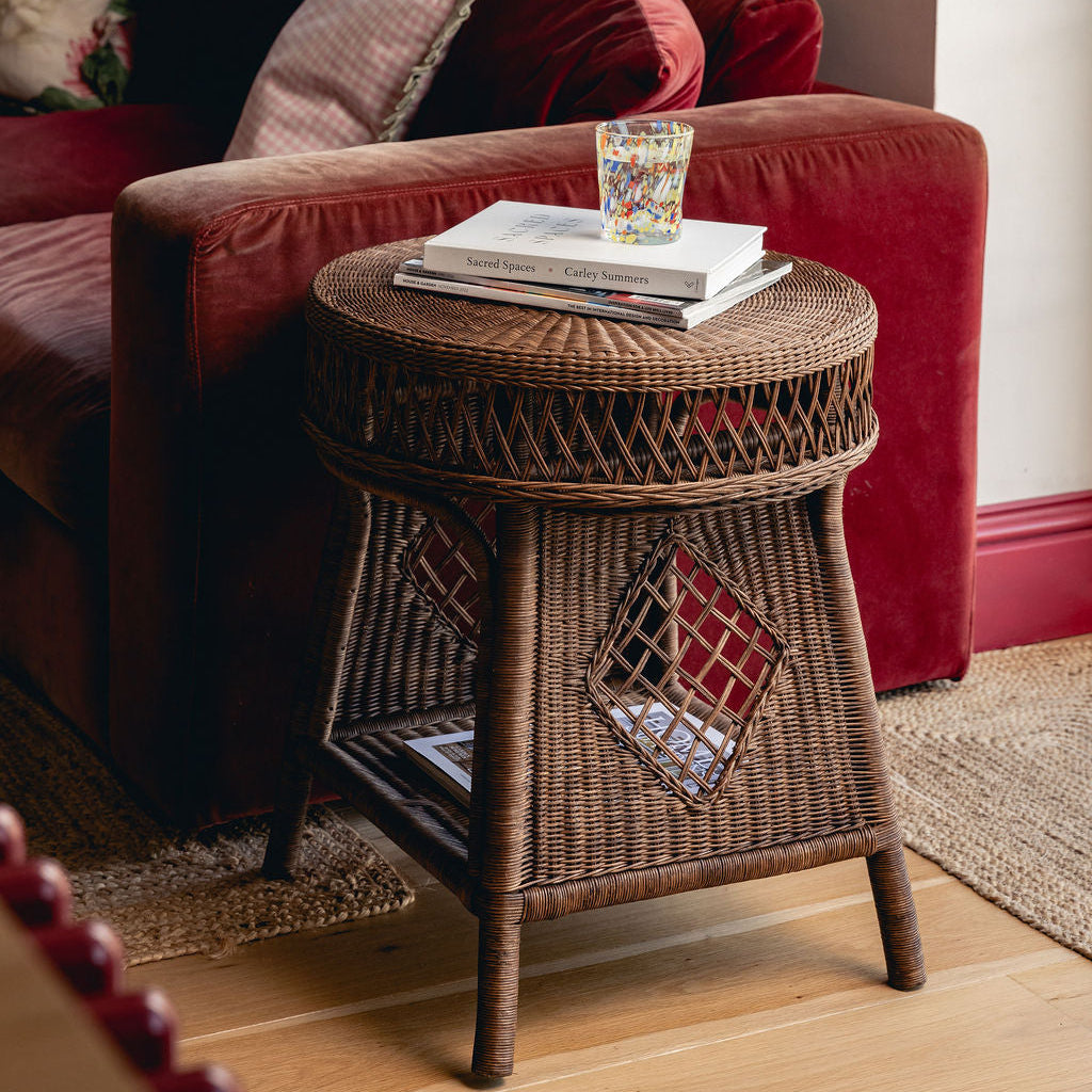Cecily Rattan End Table, Teak lifestyle with sofa
