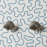 Two metallic shell-shaped objects on a white background with blue wave patterns.