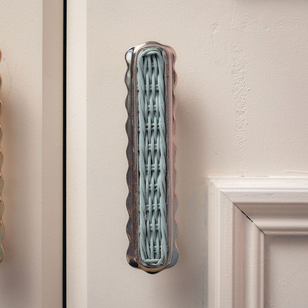Delilah Handle Blue, Polished Chrome on cream