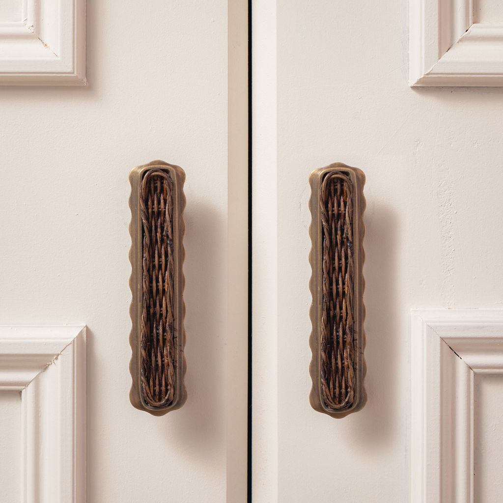 Delilah Handle Teak, Aged Brass on white