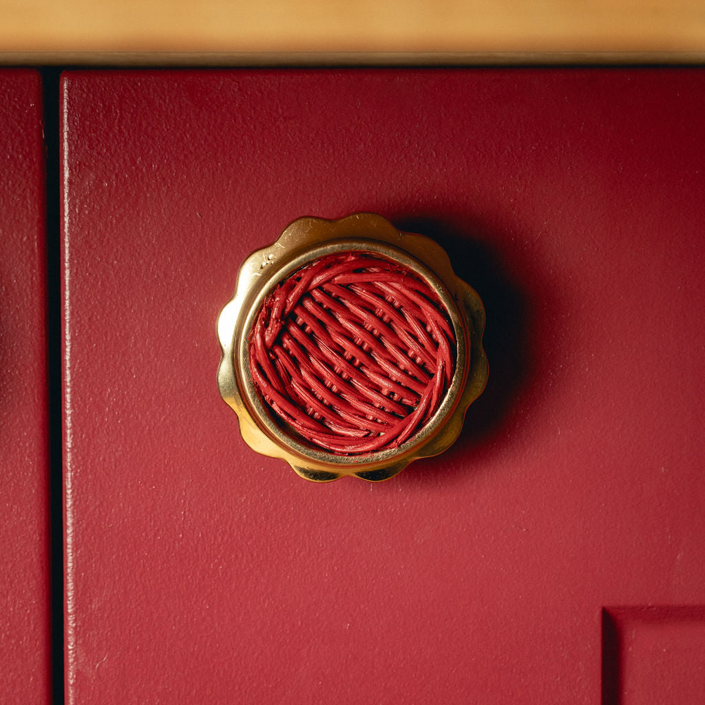 Delilah Round Knob Red, Lacquered Brass on red