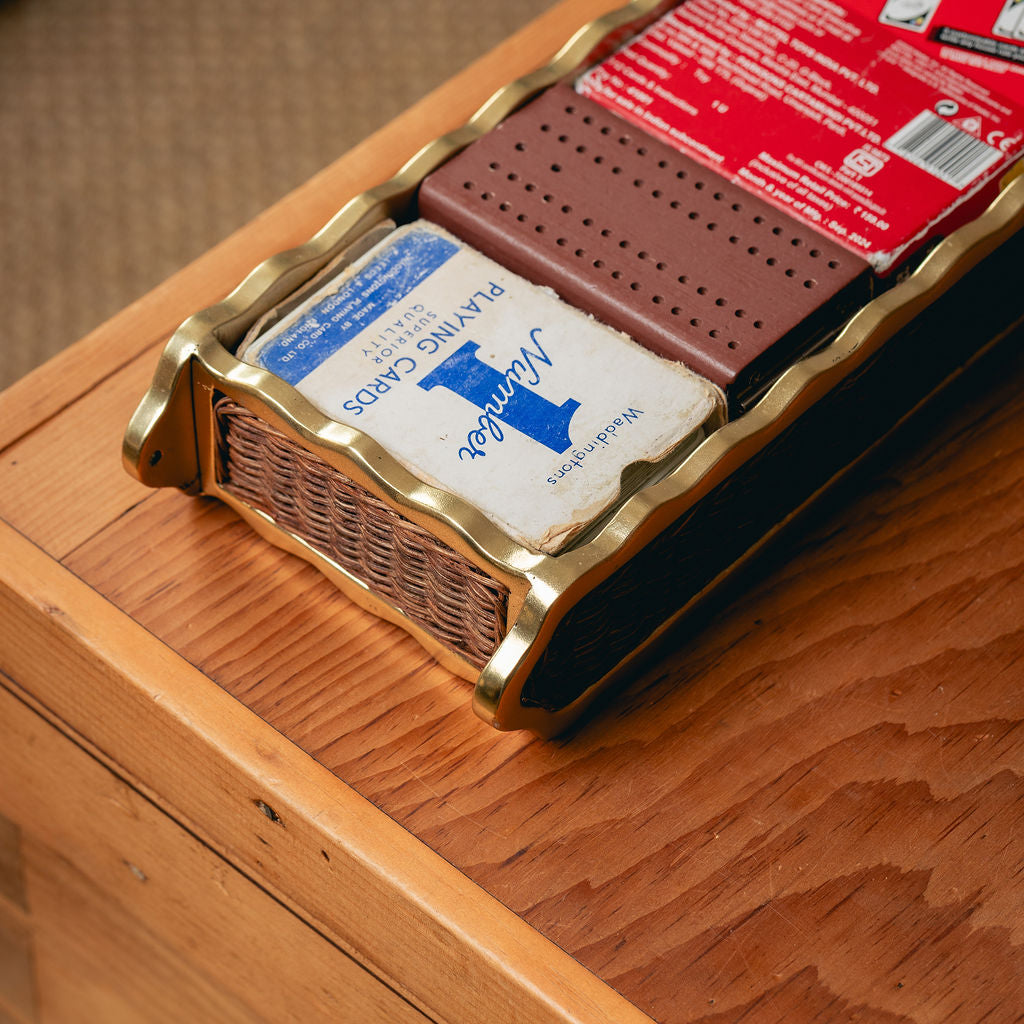 Delilah Small Tray, Brass & Teak lifestyle with cards