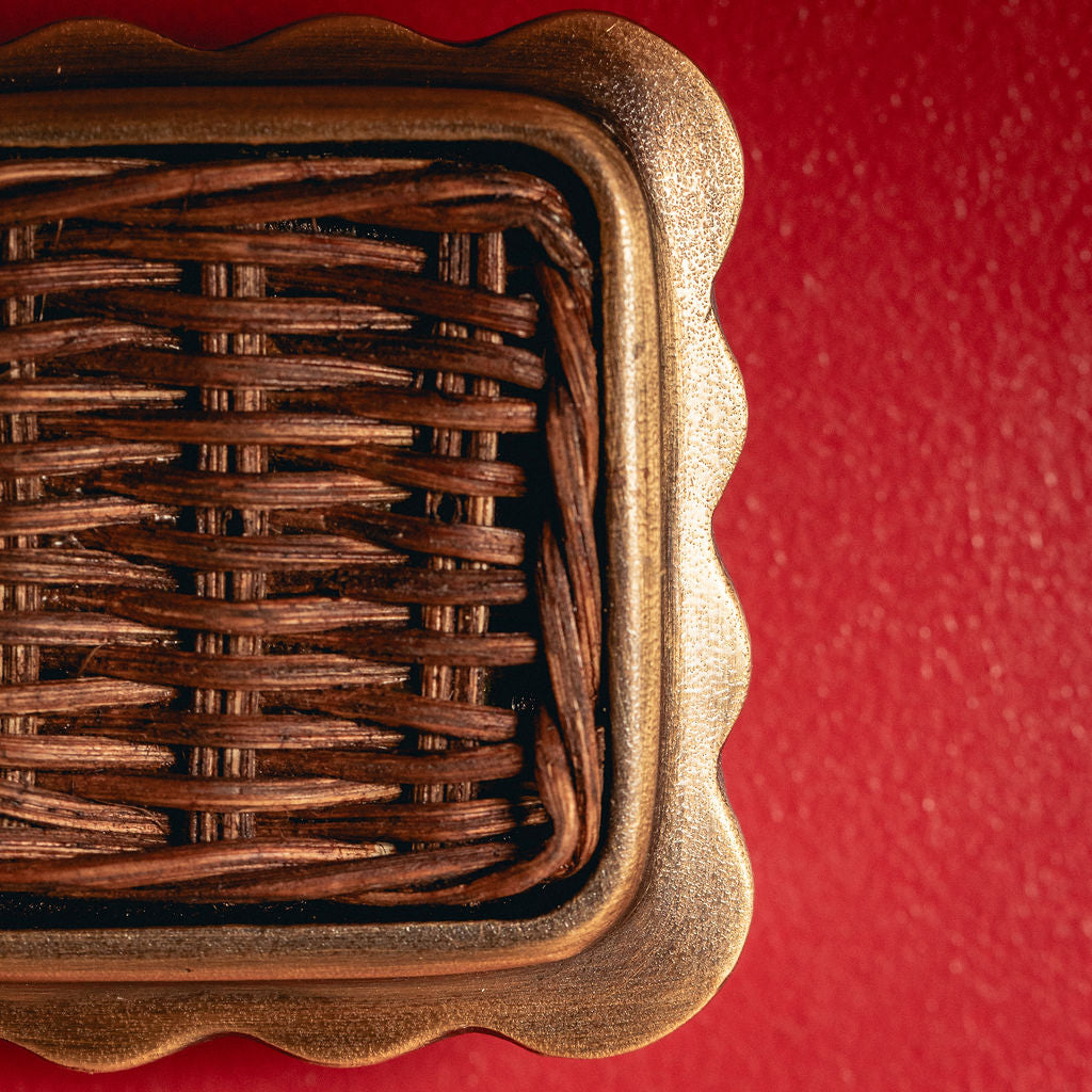 Delilah Square Knob Teak, Aged Brass close up