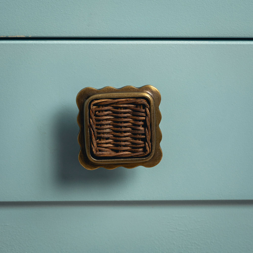 Delilah Square Knob Teak, Aged Brass on blue