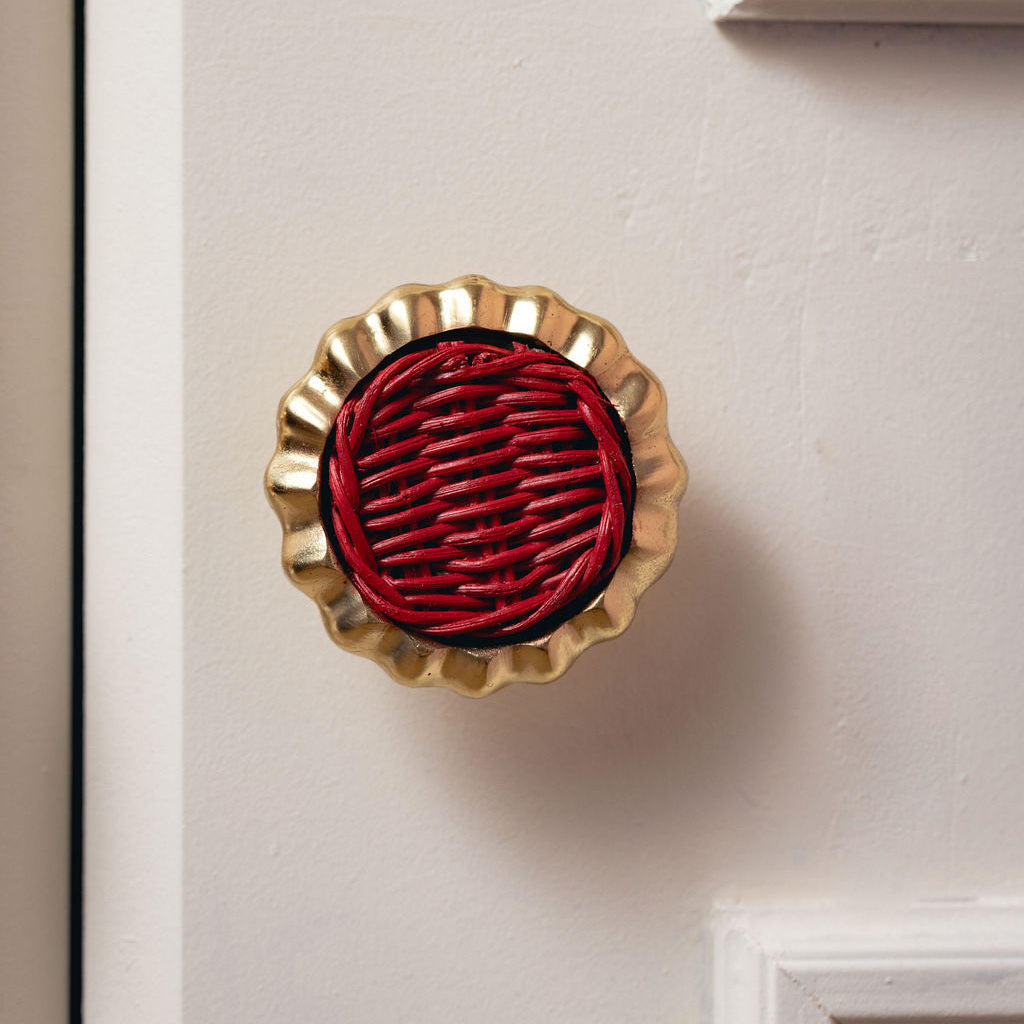 Eloise Round Knob Red, Lacquered Brass cream background