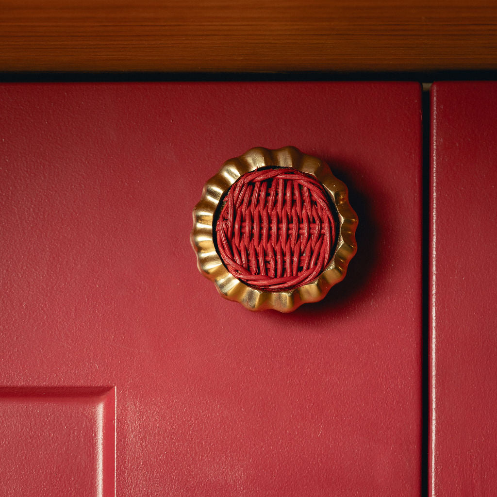 Eloise Round Knob Red, Lacquered Brass on red