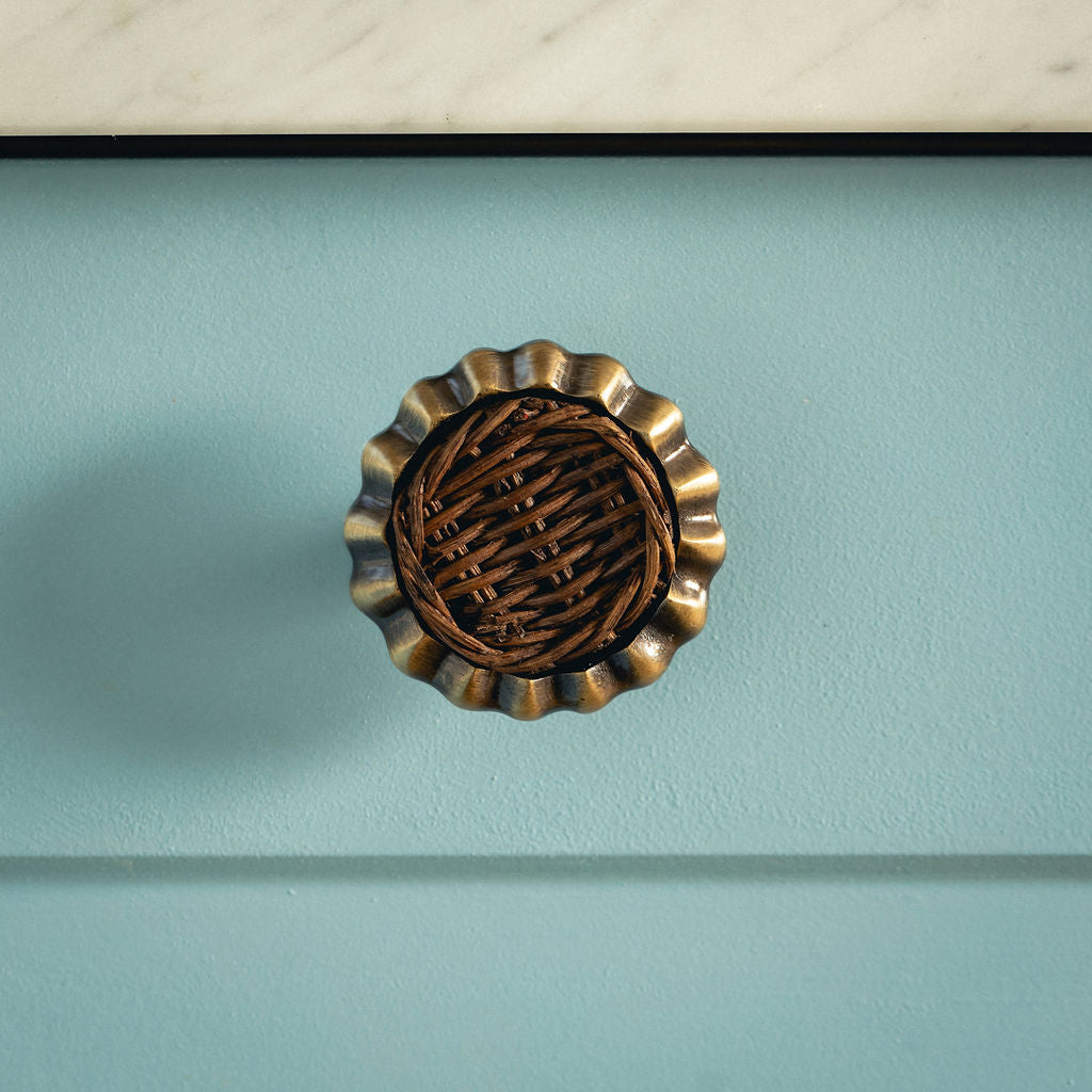 Eloise Round Knob Teak, Aged Brass on blue