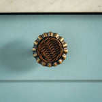 Eloise Round Knob Teak, Aged Brass on blue