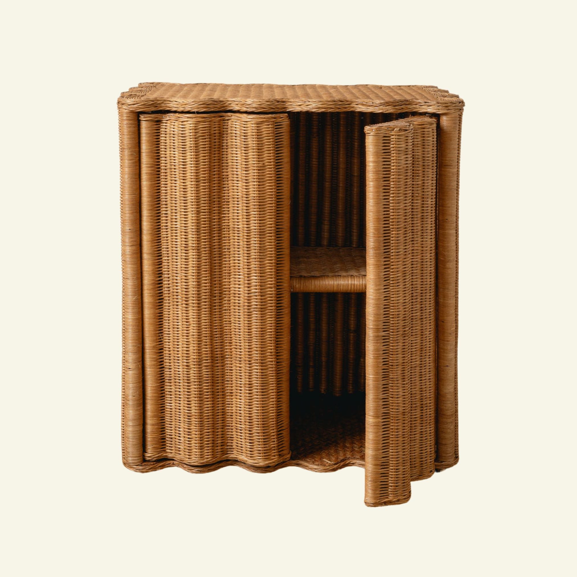 Wicker side table on a beige background