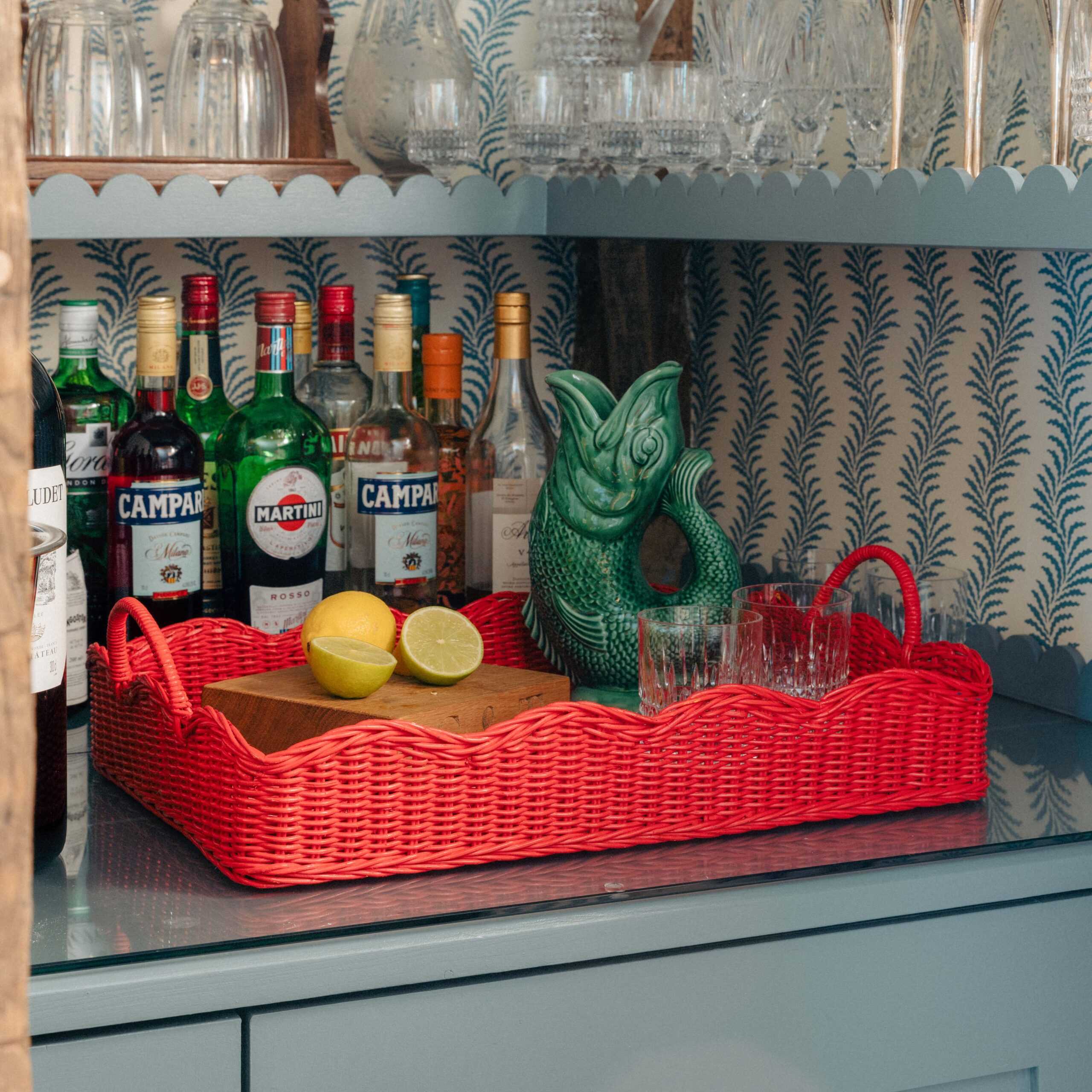 Red Scalloped Rattan Tray