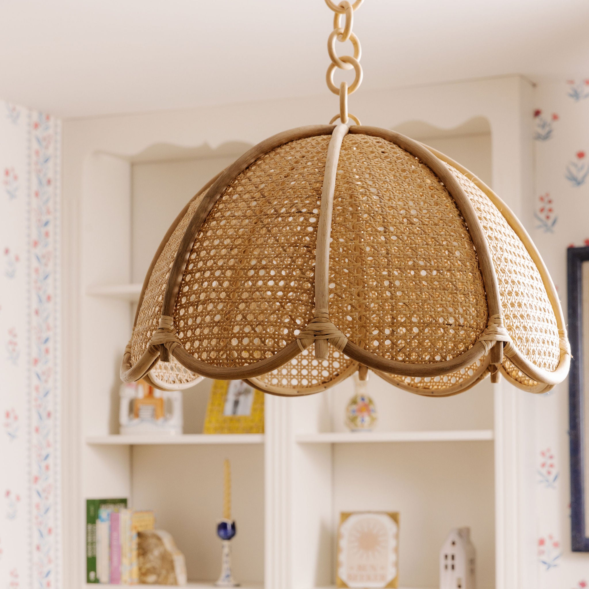 Riviera woven pendant light fixture in a room with shelves and decor