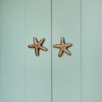 Starfish-shaped door handles on a light blue wooden door