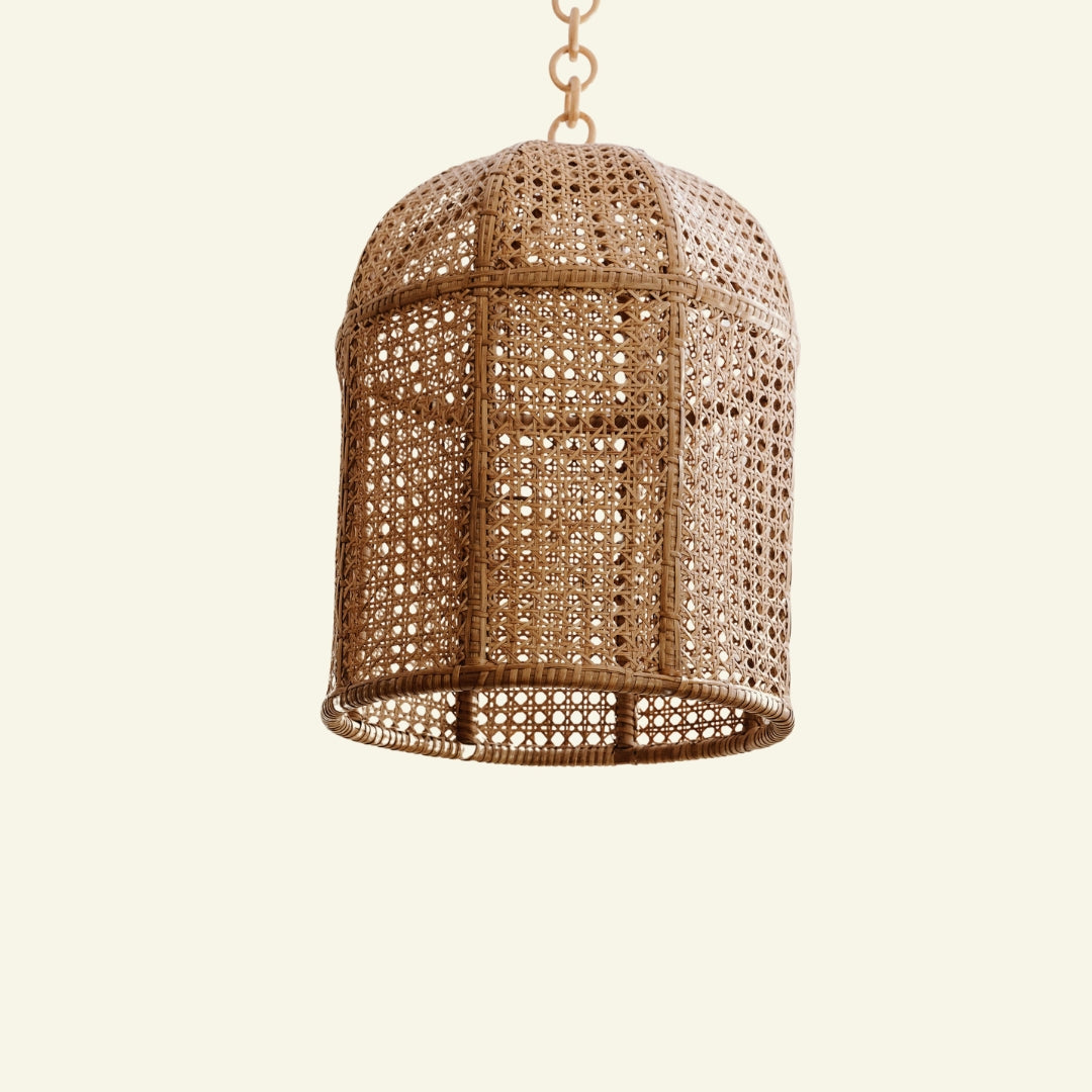 Violet Woven pendant light on a beige background